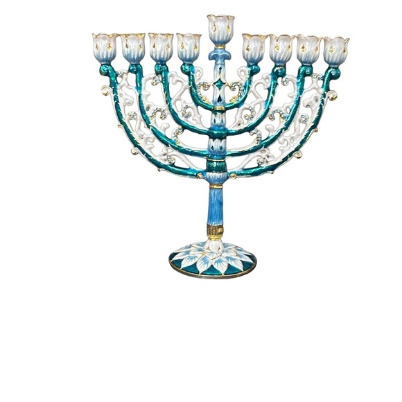 Menorah Hanukkah  Hand Painted Brass Enamel  NWB 6” By 6” Blue Teal Gold - Picture 4 of 16